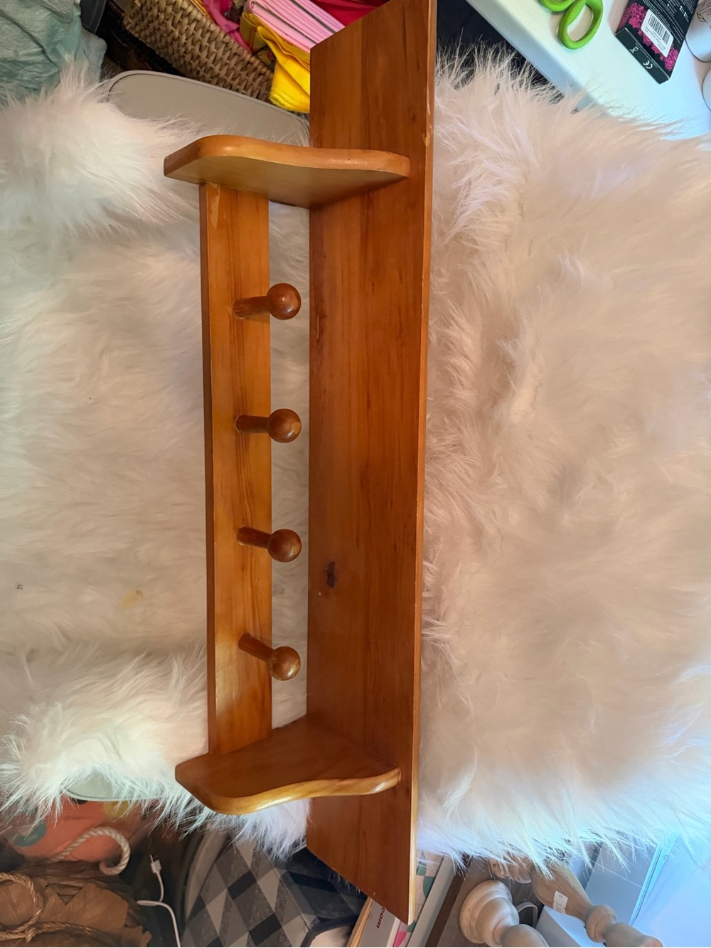 Vintage Natural Wood Wall Shelf with Peg Hooks - Brown